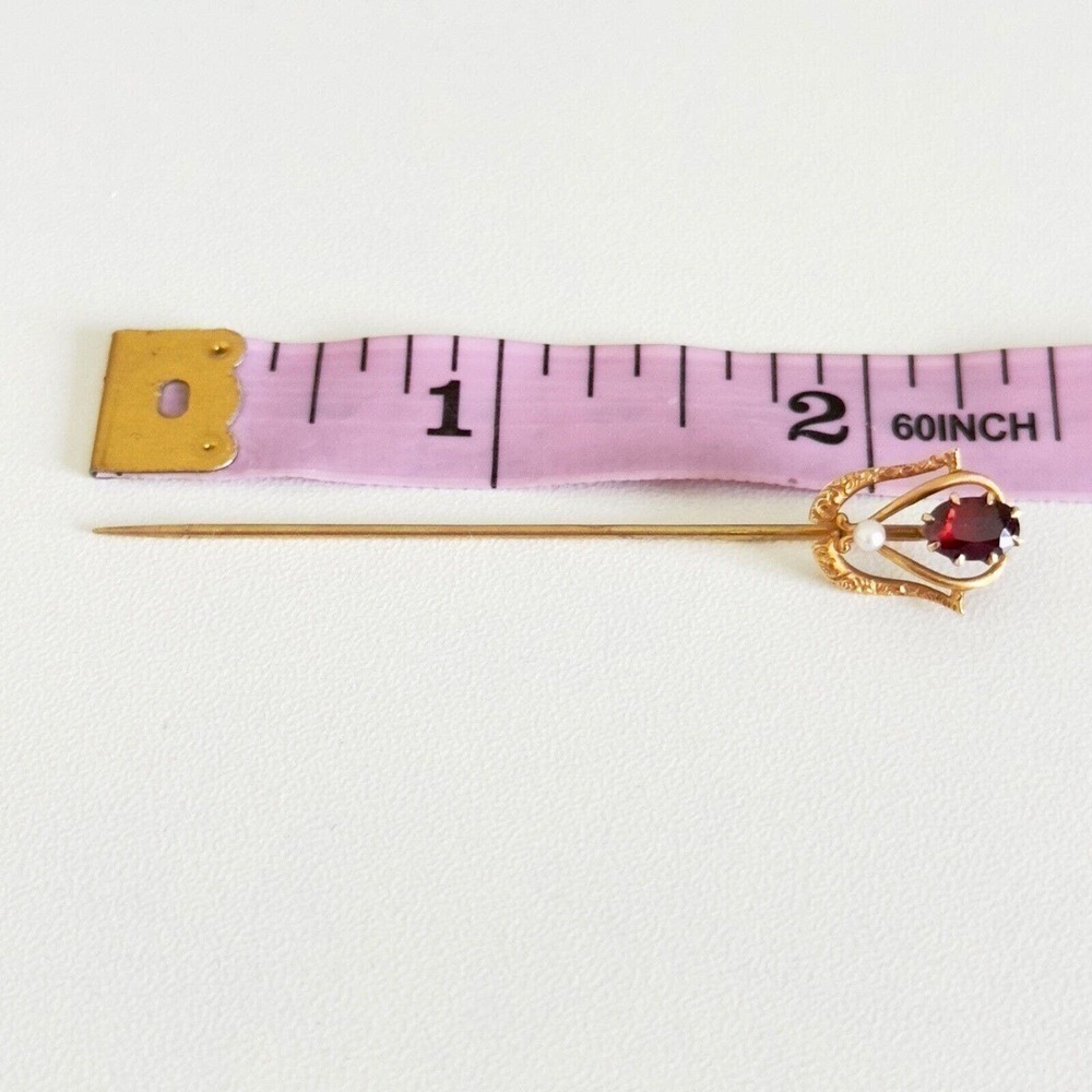 Antique 14k Yellow Gold Garnet Seed Pearl Stick Pin - Picture 9 of 13